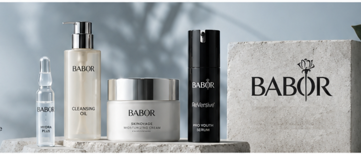 BABOR-produkter opstillet på sten foran BABORs navnetræk